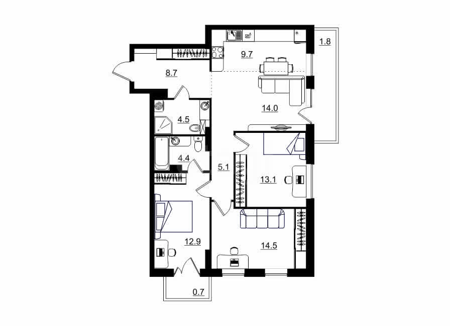 планировка квартиры 88 м2
